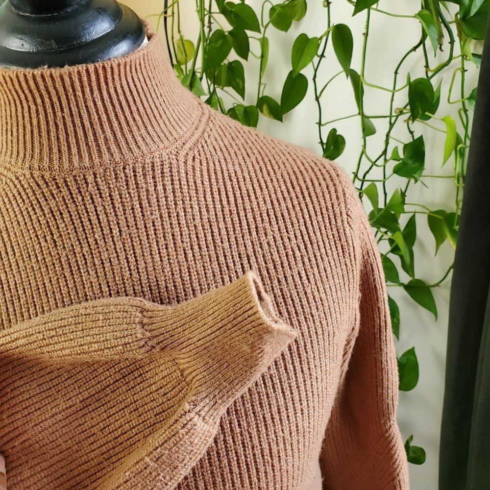 ZARA | Turtleneck Tapered Sleeve Ribbed Bodice Warm Brown Sweater (Size S) - Picture 3 of 8